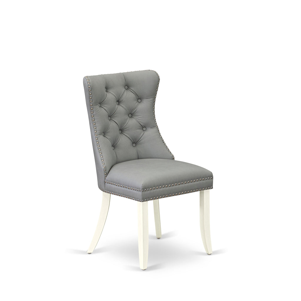 East West Furniture DAPHF27 Dallas Parson Dining Room Chairs - Button Tufted Nailhead Trim Light Gray faux Leather Upholstered Chairs, Set of 2, Wirebrushed Bright Linen white