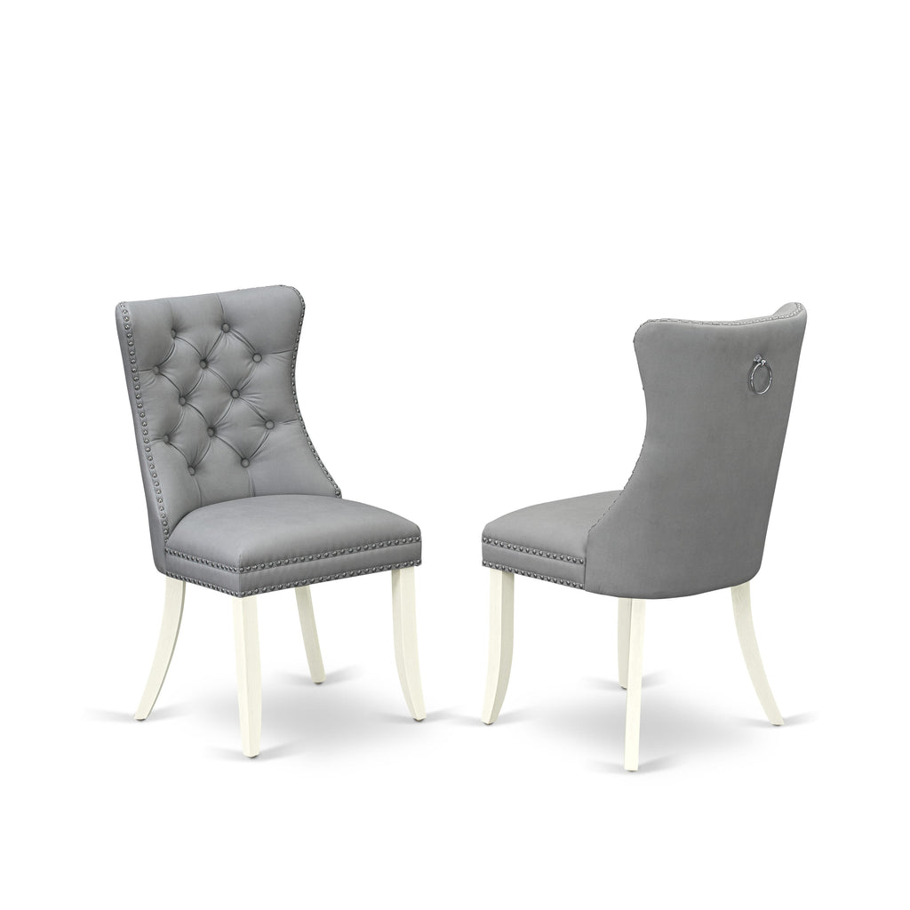 East West Furniture DAPHF27 Dallas Parson Dining Room Chairs - Button Tufted Nailhead Trim Light Gray faux Leather Upholstered Chairs, Set of 2, Wirebrushed Bright Linen white