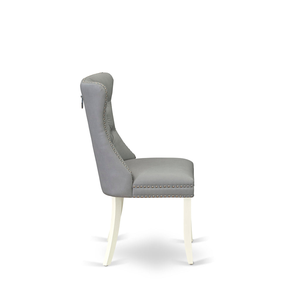 East West Furniture DAPHF27 Dallas Parson Dining Room Chairs - Button Tufted Nailhead Trim Light Gray faux Leather Upholstered Chairs, Set of 2, Wirebrushed Bright Linen white