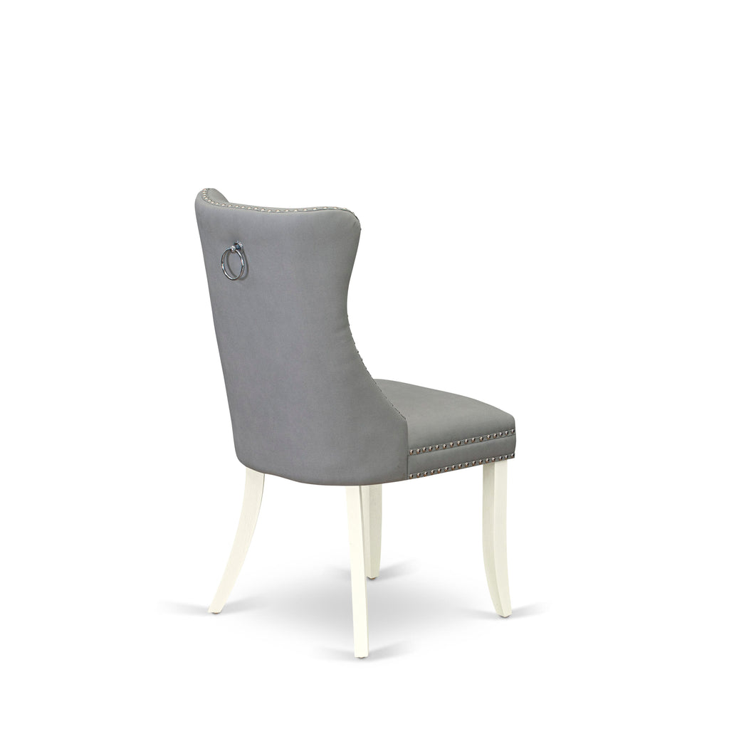 East West Furniture DAPHF27 Dallas Parson Dining Room Chairs - Button Tufted Nailhead Trim Light Gray faux Leather Upholstered Chairs, Set of 2, Wirebrushed Bright Linen white