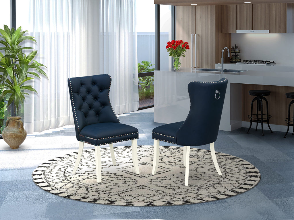 East West Furniture DAPHF29 Dallas Parson Dining Room Chairs - Button Tufted Nailhead Trim Navy Blue faux Leather Padded Chairs, Set of 2, Wirebrushed Bright Linen white