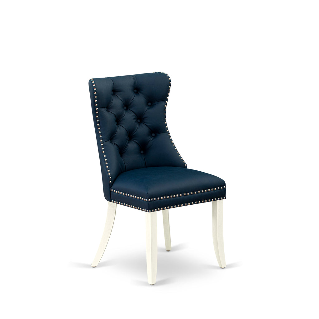 East West Furniture DAPHF29 Dallas Parson Dining Room Chairs - Button Tufted Nailhead Trim Navy Blue faux Leather Padded Chairs, Set of 2, Wirebrushed Bright Linen white