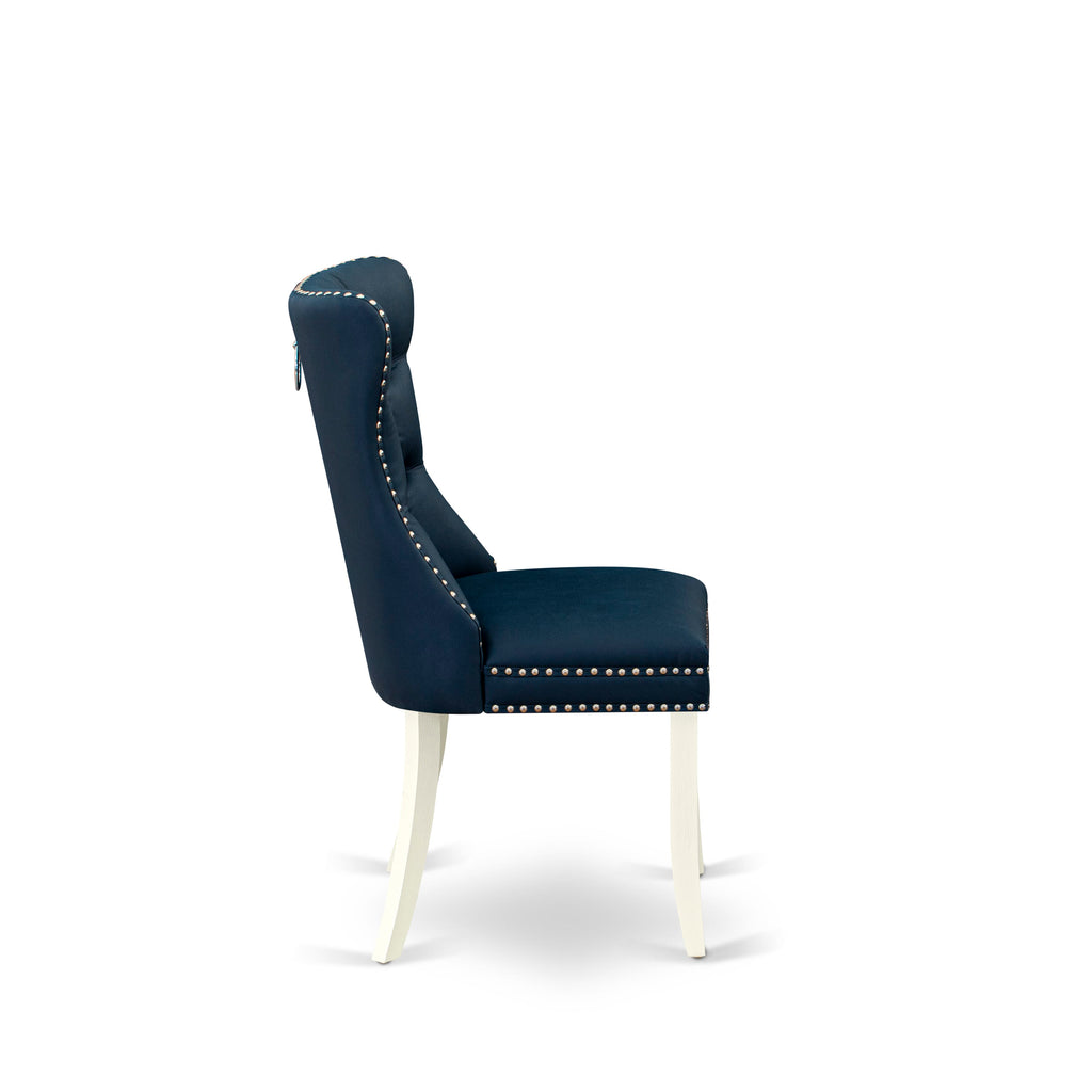 East West Furniture DAPHF29 Dallas Parson Dining Room Chairs - Button Tufted Nailhead Trim Navy Blue faux Leather Padded Chairs, Set of 2, Wirebrushed Bright Linen white