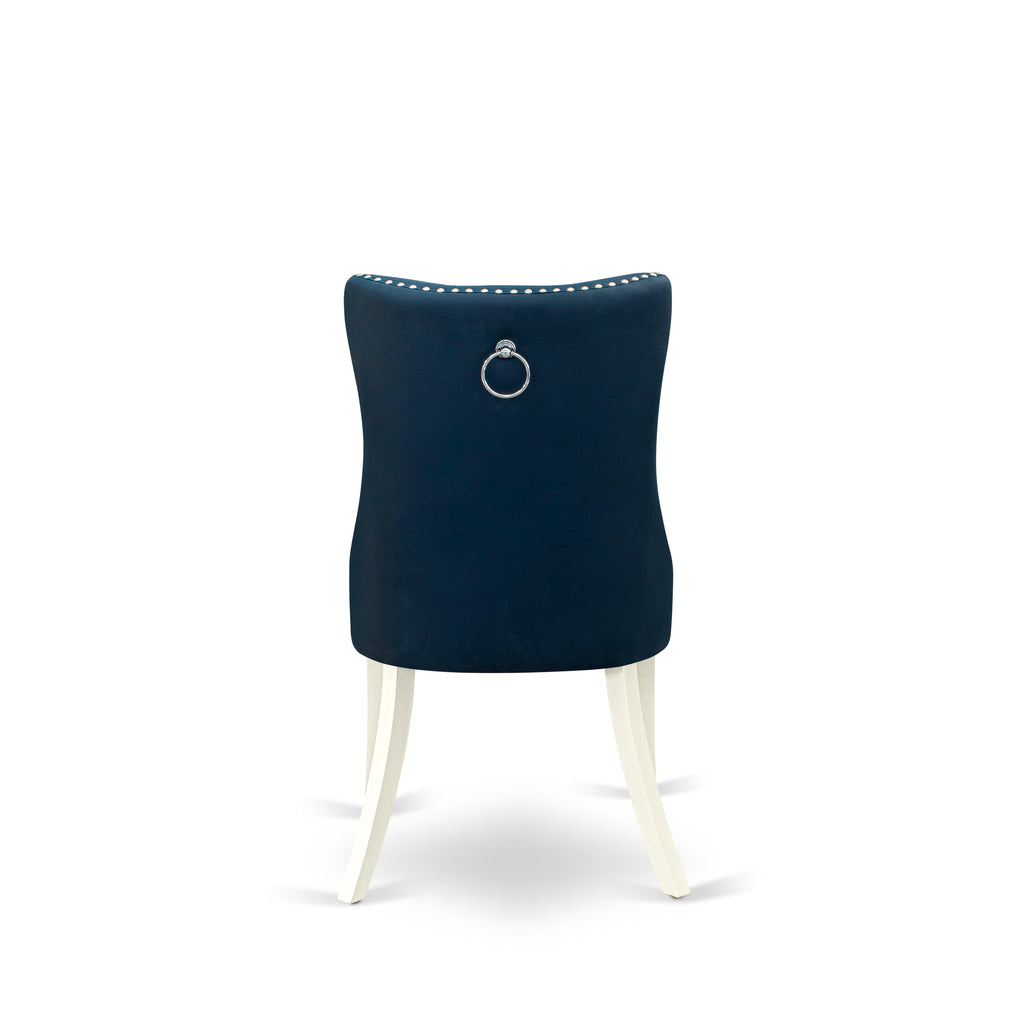 East West Furniture DAPHF29 Dallas Parson Dining Room Chairs - Button Tufted Nailhead Trim Navy Blue faux Leather Padded Chairs, Set of 2, Wirebrushed Bright Linen white