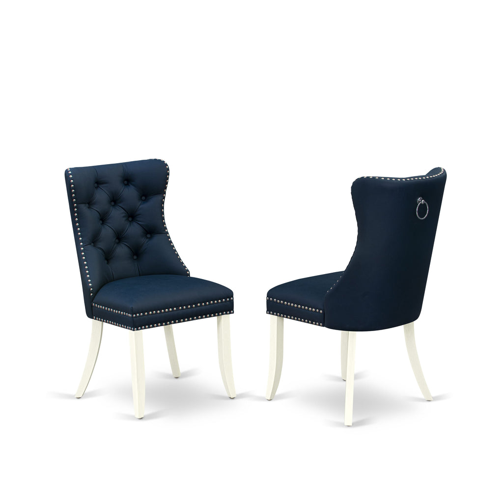 East West Furniture DAPHF29 Dallas Parson Dining Room Chairs - Button Tufted Nailhead Trim Navy Blue faux Leather Padded Chairs, Set of 2, Wirebrushed Bright Linen white