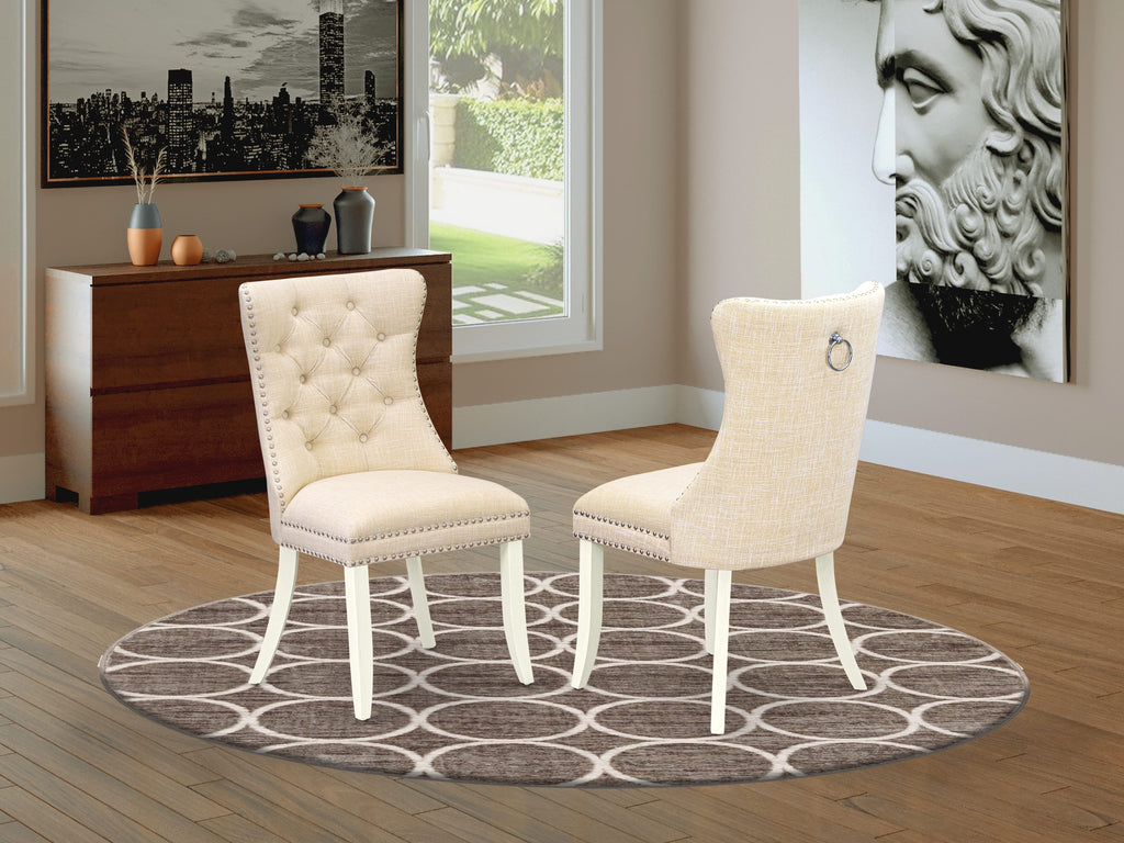 East West Furniture DAPHL32 Dallas Parson Chairs - Button Tufted Nailhead Trim Light Beige Linen Fabric Padded Dining Chairs, Set of 2, Wirebrushed Bright Linen white
