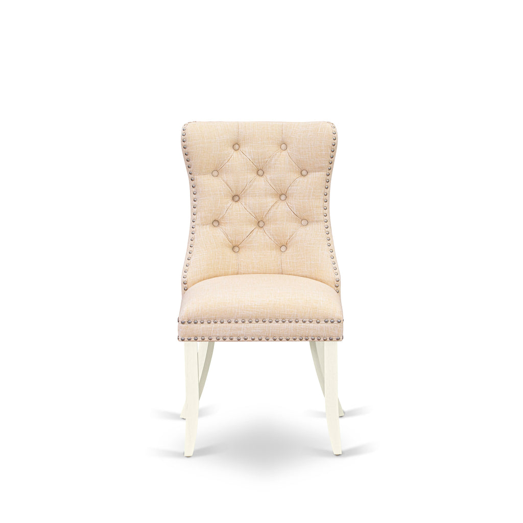 East West Furniture DAPHL32 Dallas Parson Chairs - Button Tufted Nailhead Trim Light Beige Linen Fabric Padded Dining Chairs, Set of 2, Wirebrushed Bright Linen white