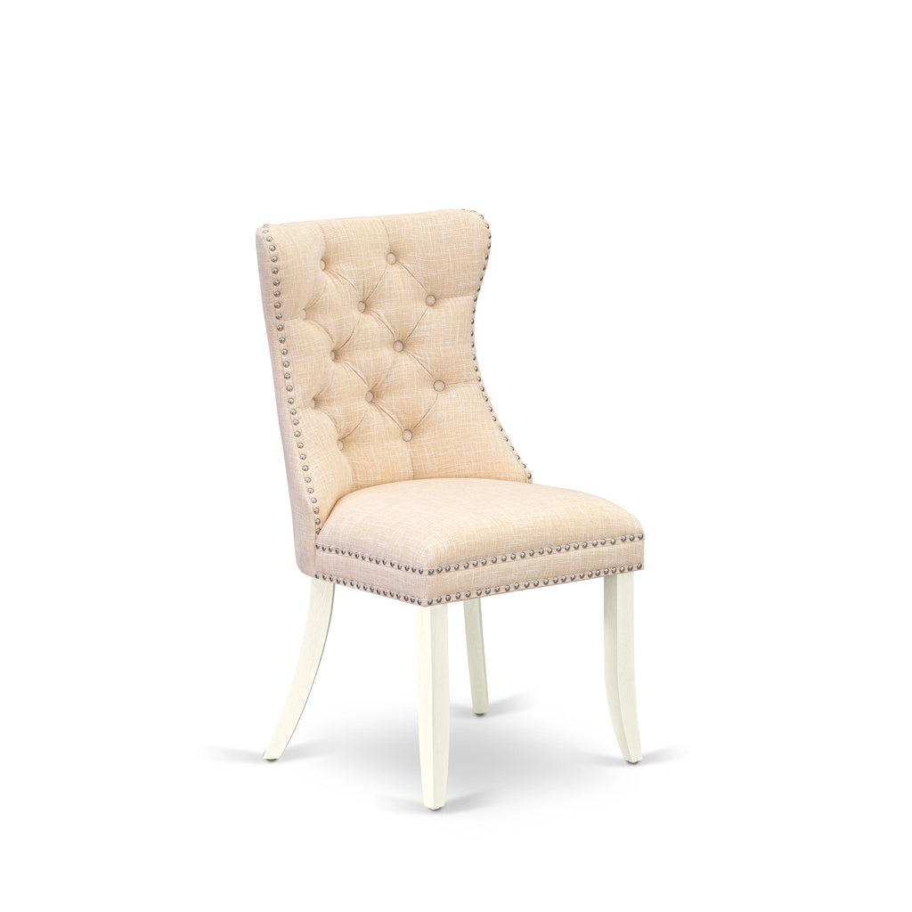 East West Furniture DAPHL32 Dallas Parson Chairs - Button Tufted Nailhead Trim Light Beige Linen Fabric Padded Dining Chairs, Set of 2, Wirebrushed Bright Linen white