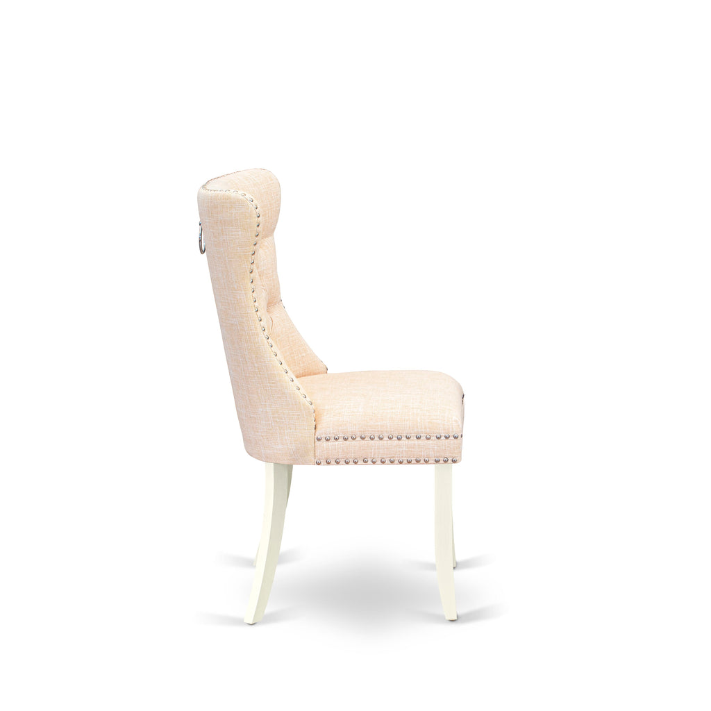 East West Furniture DAPHL32 Dallas Parson Chairs - Button Tufted Nailhead Trim Light Beige Linen Fabric Padded Dining Chairs, Set of 2, Wirebrushed Bright Linen white