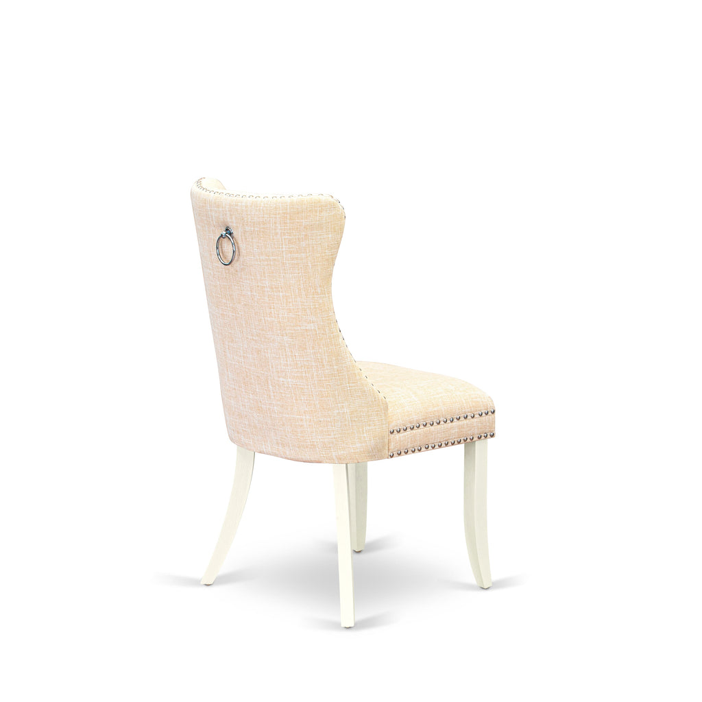 East West Furniture DAPHL32 Dallas Parson Chairs - Button Tufted Nailhead Trim Light Beige Linen Fabric Padded Dining Chairs, Set of 2, Wirebrushed Bright Linen white