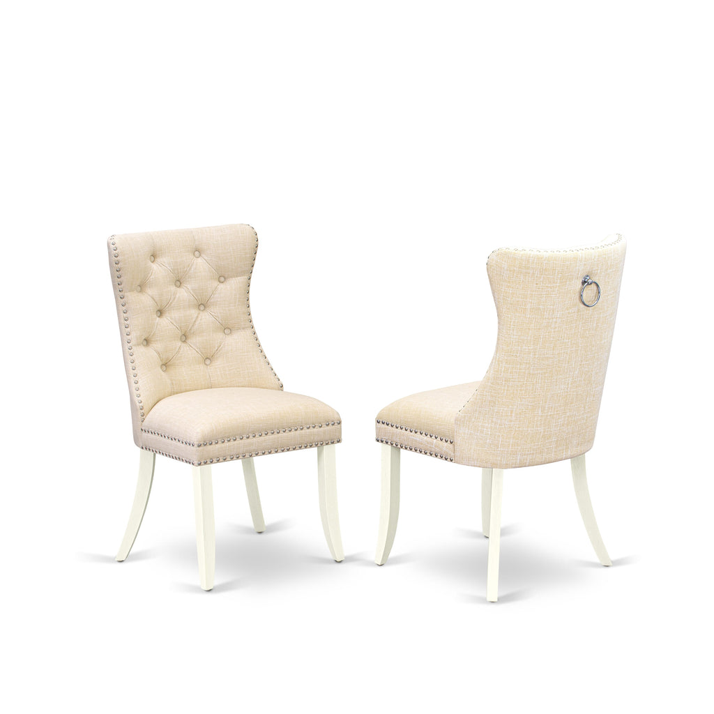 East West Furniture DAPHL32 Dallas Parson Chairs - Button Tufted Nailhead Trim Light Beige Linen Fabric Padded Dining Chairs, Set of 2, Wirebrushed Bright Linen white