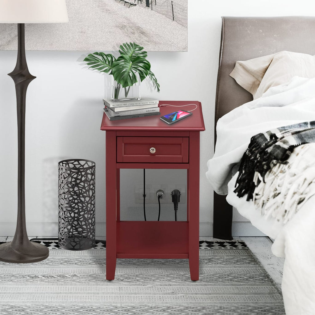 East West Furniture DE-13-ET Mid Century Night Stand with 1 Mid Century Modern Drawer, Stable and Sturdy Constructed - Burgundy Finish