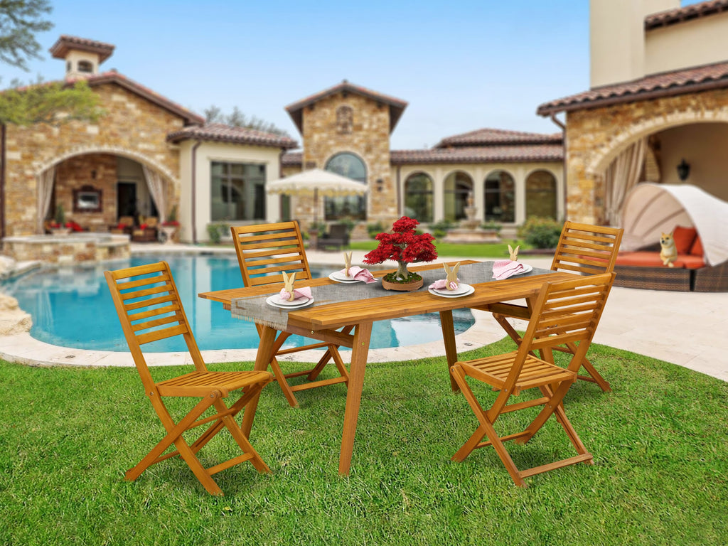 East West Furniture DEBS5CWNA 5 Piece Outdoor Patio Dining Sets Includes a Rectangle Acacia Wood Table and 4 Folding Side Chairs