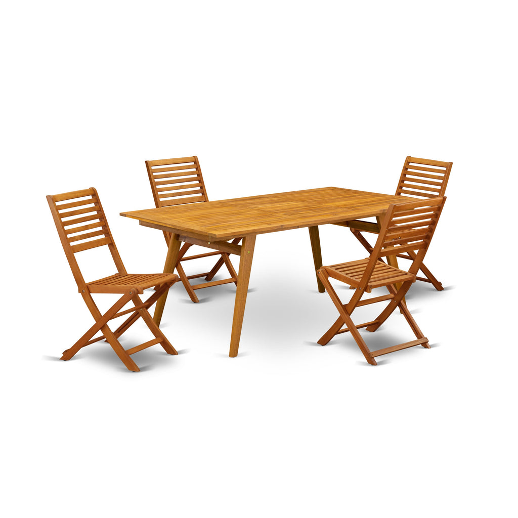 East West Furniture DEBS5CWNA 5 Piece Outdoor Patio Dining Sets Includes a Rectangle Acacia Wood Table and 4 Folding Side Chairs