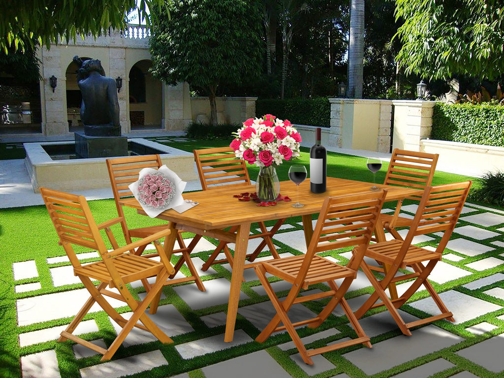 East West Furniture DEBS72CANA 7 Piece Patio Bistro Dining Set Consist of a Rectangle Outdoor Acacia Wood Table and 2 Folding Arm Chairs with 4 Side Chairs