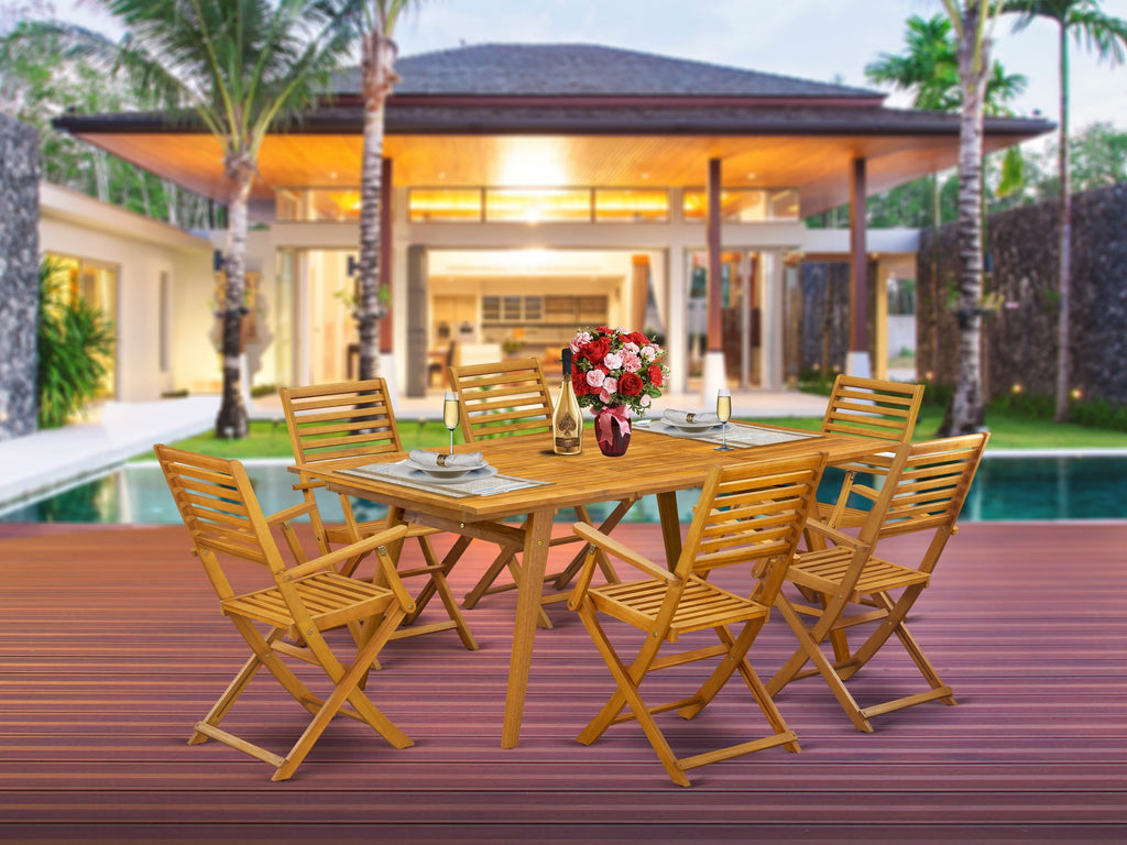 East West Furniture DEBS7CANA 7 Piece Patio Dining Set Consist of a Rectangle Outdoor Acacia Wood Table and 6 Folding Arm Chairs
