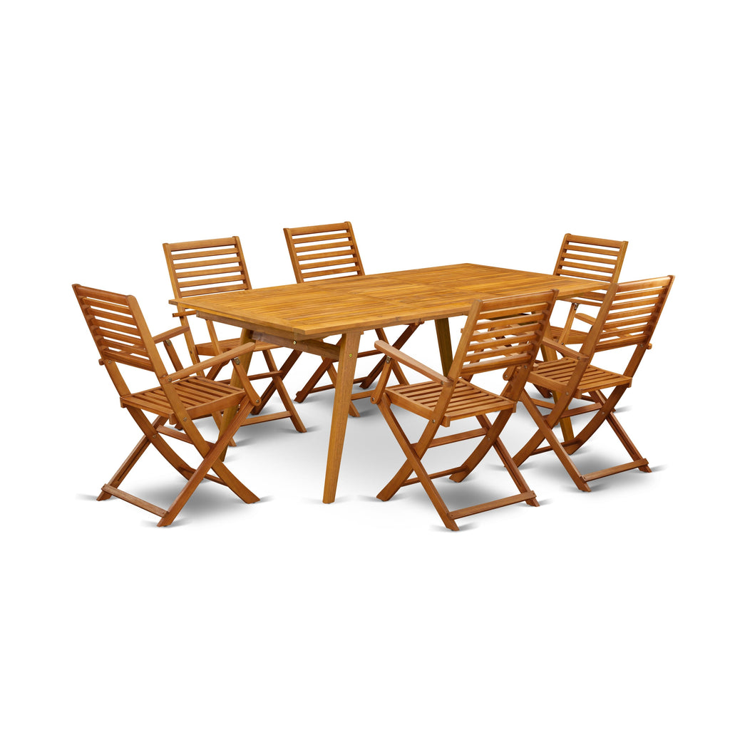 East West Furniture DEBS7CANA 7 Piece Patio Dining Set Consist of a Rectangle Outdoor Acacia Wood Table and 6 Folding Arm Chairs