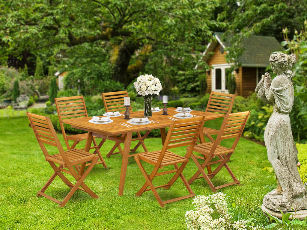 East West Furniture DEBS7CWNA 7 Piece Patio Dining Set Consist of a Rectangle Outdoor Acacia Wood Table and 6 Folding Side Chairs