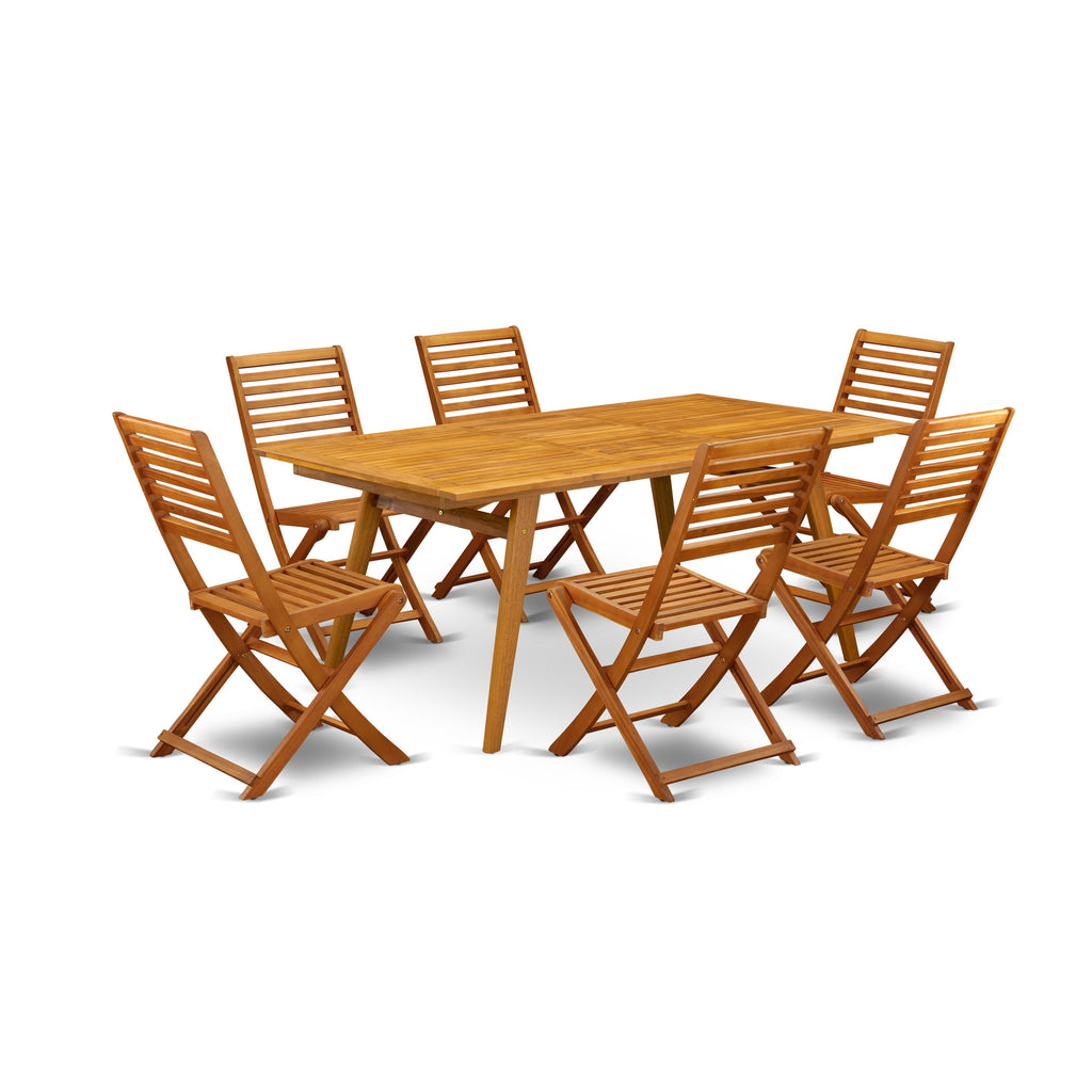 East West Furniture DEBS7CWNA 7 Piece Patio Dining Set Consist of a Rectangle Outdoor Acacia Wood Table and 6 Folding Side Chairs