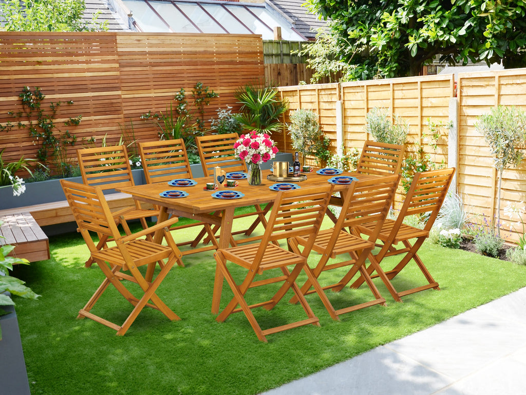 East West Furniture DEBS92CANA 9 Piece Outdoor Patio Dining Sets Includes a Rectangle Acacia Wood Table and 2 Folding Arm Chairs with 6 Side Chairs