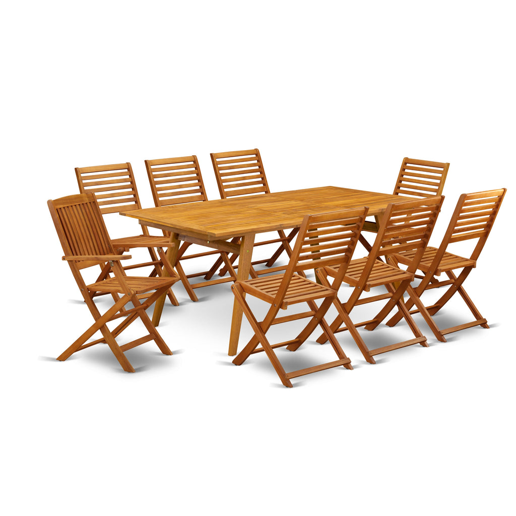 East West Furniture DEBS92CANA 9 Piece Outdoor Patio Dining Sets Includes a Rectangle Acacia Wood Table and 2 Folding Arm Chairs with 6 Side Chairs