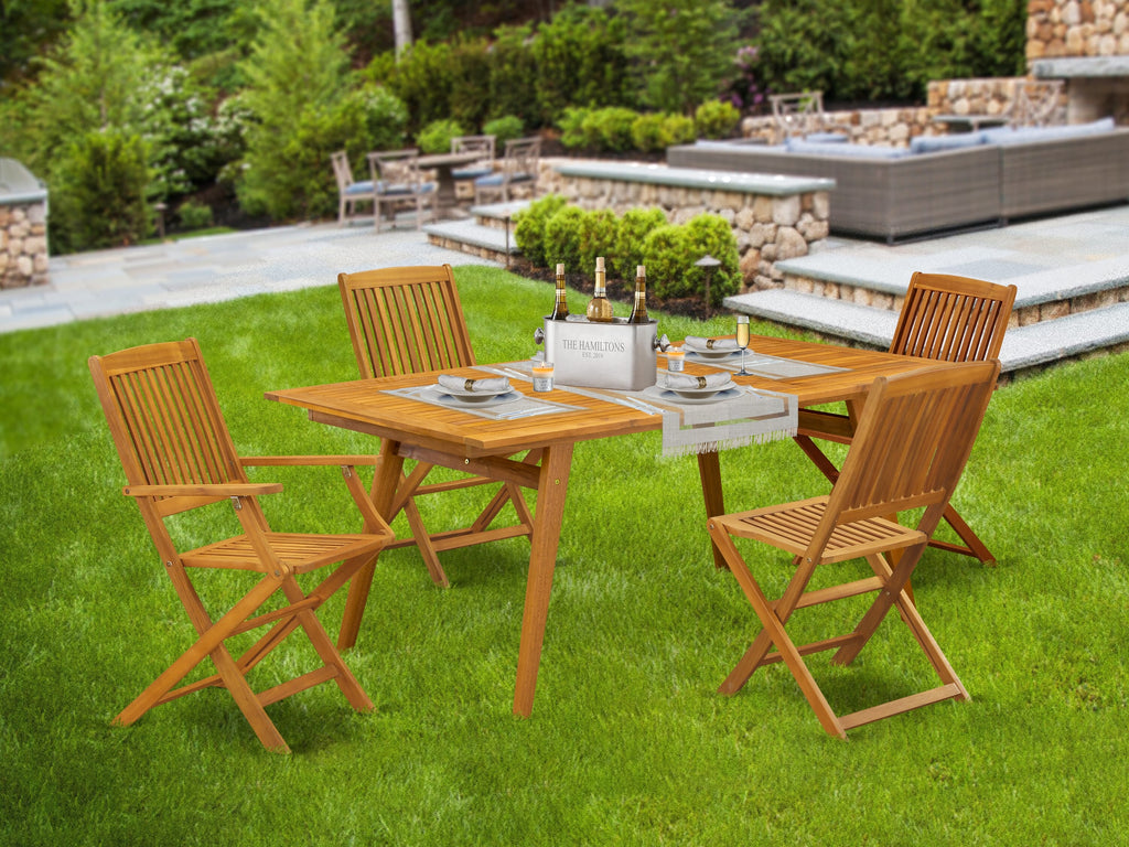 East West Furniture DECM52CANA 5 Piece Patio Bistro Dining Set Includes a Rectangle Outdoor Acacia Wood Table and 2 Folding Arm Chairs with 2 Side Chairs