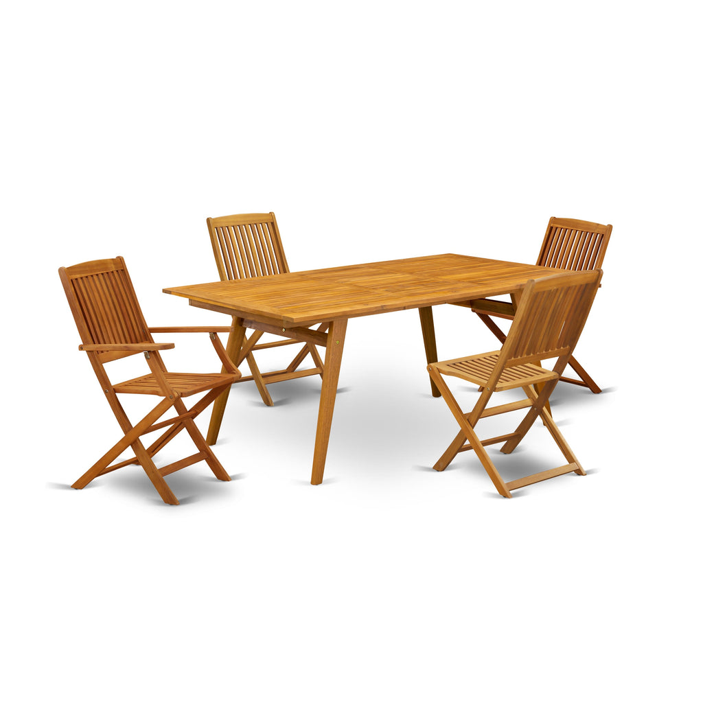 East West Furniture DECM52CANA 5 Piece Patio Bistro Dining Set Includes a Rectangle Outdoor Acacia Wood Table and 2 Folding Arm Chairs with 2 Side Chairs