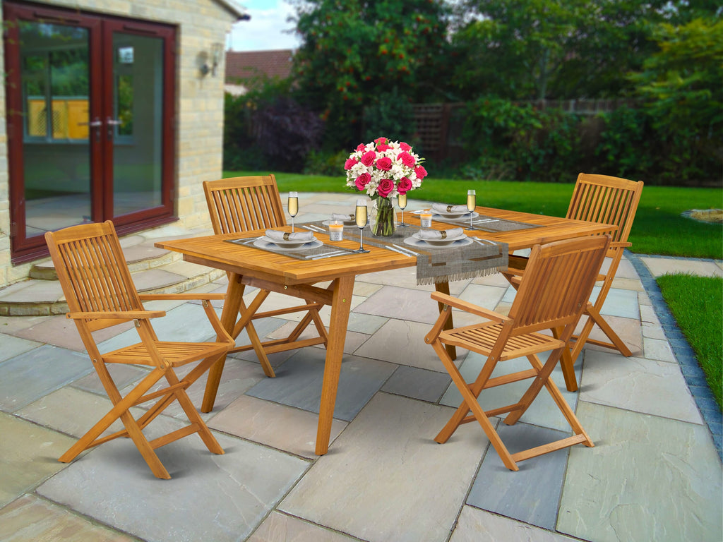East West Furniture DECM5CANA 5 Piece Patio Dining Set Includes a Rectangle Outdoor Acacia Wood Table and 4 Folding Arm Chairs