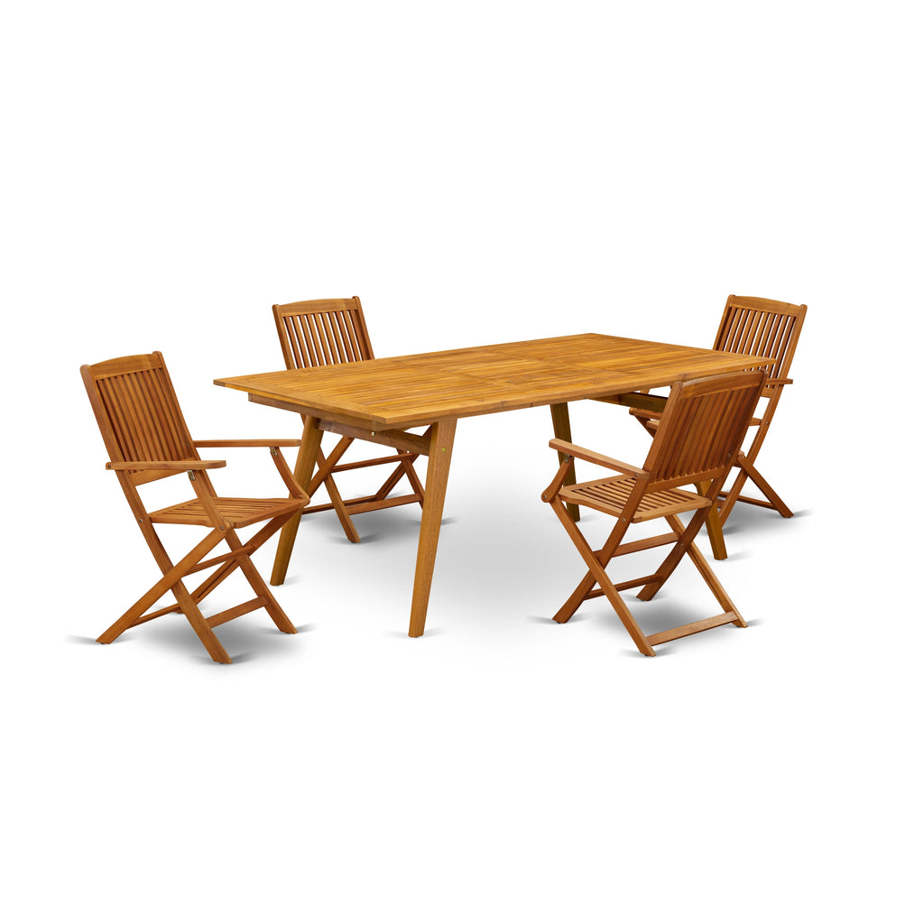 East West Furniture DECM5CANA 5 Piece Patio Dining Set Includes a Rectangle Outdoor Acacia Wood Table and 4 Folding Arm Chairs