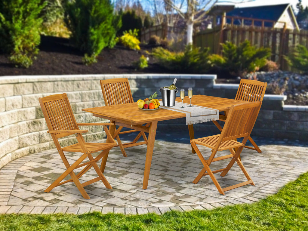 East West Furniture DECM5CWNA 5 Piece Outdoor Patio Dining Sets Includes a Rectangle Acacia Wood Table and 4 Folding Side Chairs
