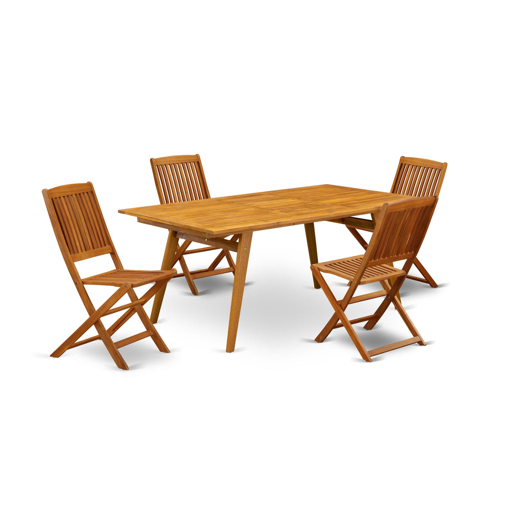 East West Furniture DECM5CWNA 5 Piece Outdoor Patio Dining Sets Includes a Rectangle Acacia Wood Table and 4 Folding Side Chairs