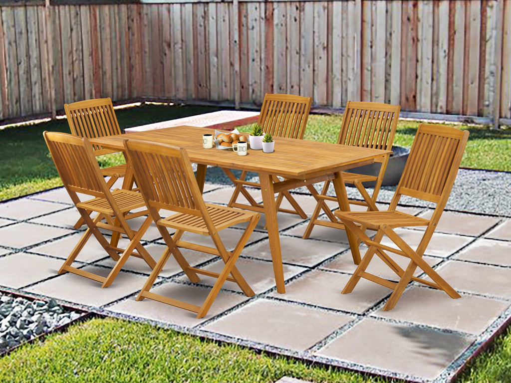 East West Furniture DECM7CWNA 7 Piece Patio Garden Table Set Consist of a Rectangle Outdoor Acacia Wood Dining Table and 6 Folding Side Chairs