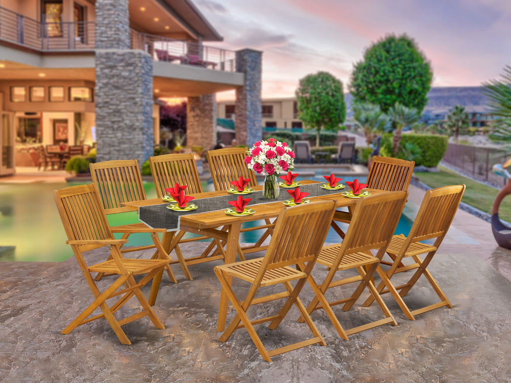 East West Furniture DECM92CANA 9 Piece Patio Garden Table Set Includes a Rectangle Outdoor Acacia Wood Dining Table and 2 Folding Arm Chairs with 6 Side Chairs