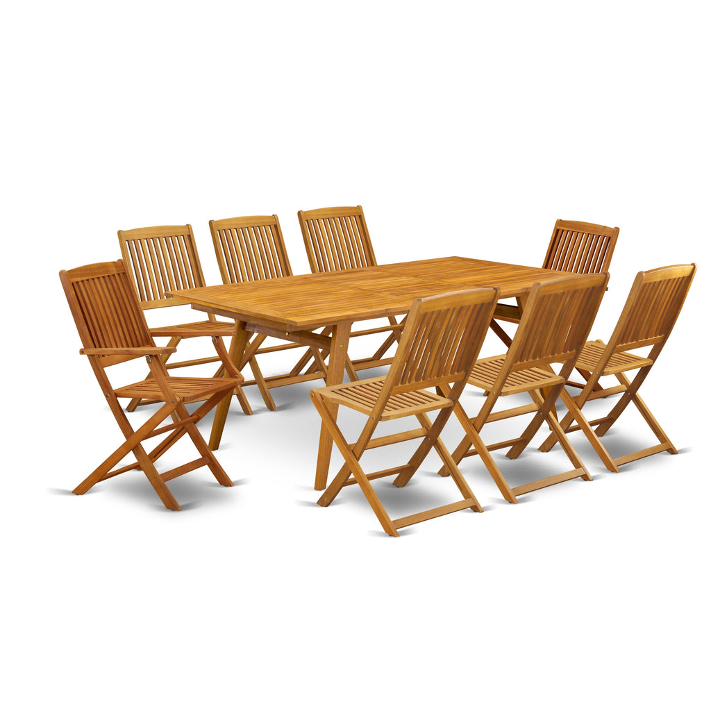 East West Furniture DECM92CANA 9 Piece Patio Garden Table Set Includes a Rectangle Outdoor Acacia Wood Dining Table and 2 Folding Arm Chairs with 6 Side Chairs