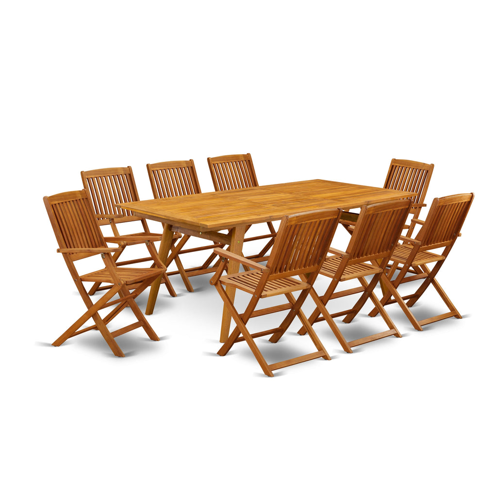East West Furniture DECM9CANA 9 Piece Patio Bistro Dining Furniture Set Includes a Rectangle Outdoor Acacia Wood Table and 8 Folding Arm Chairs