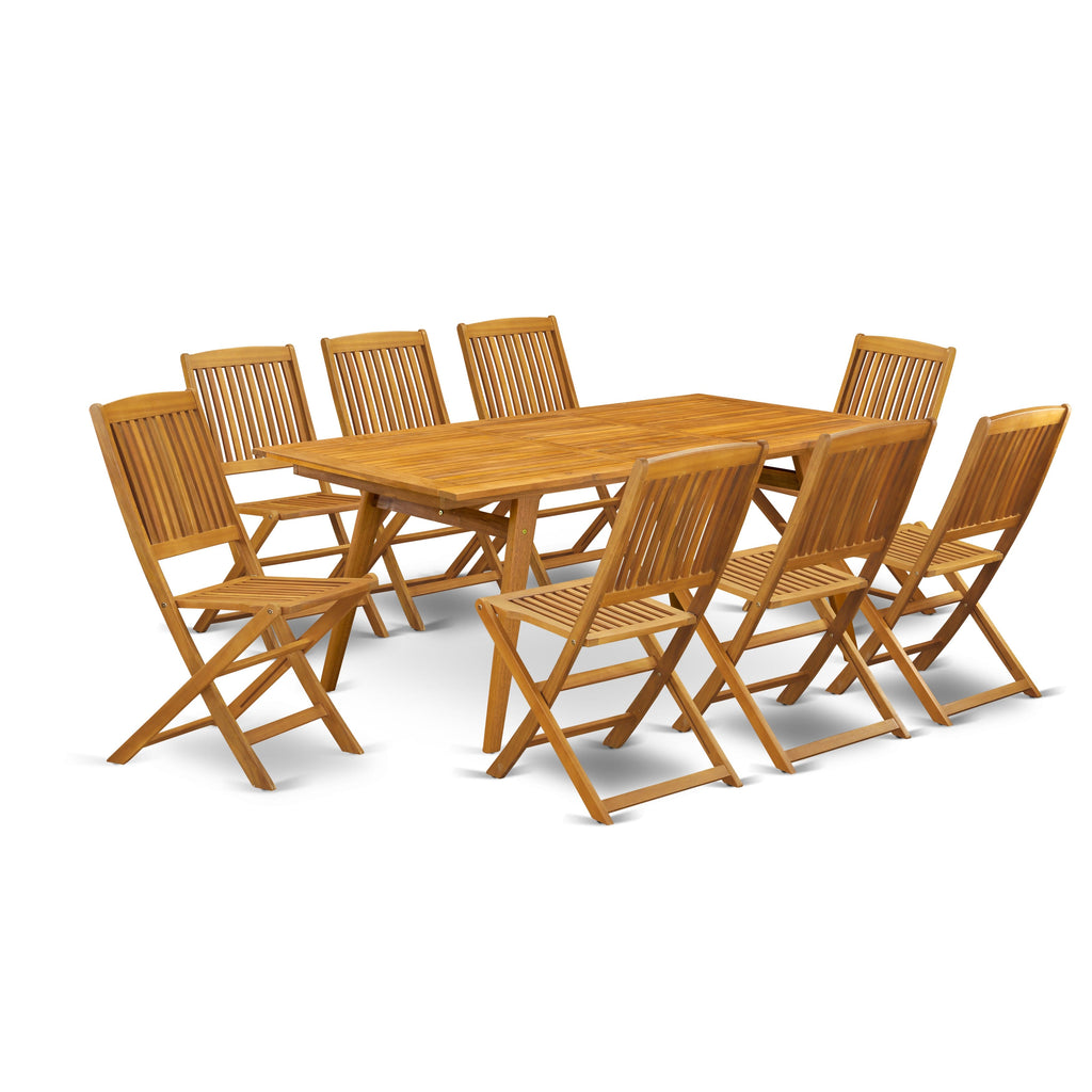 East West Furniture DECM9CWNA 9 Piece Patio Dining Set Includes a Rectangle Outdoor Acacia Wood Table and 8 Folding Side Chairs