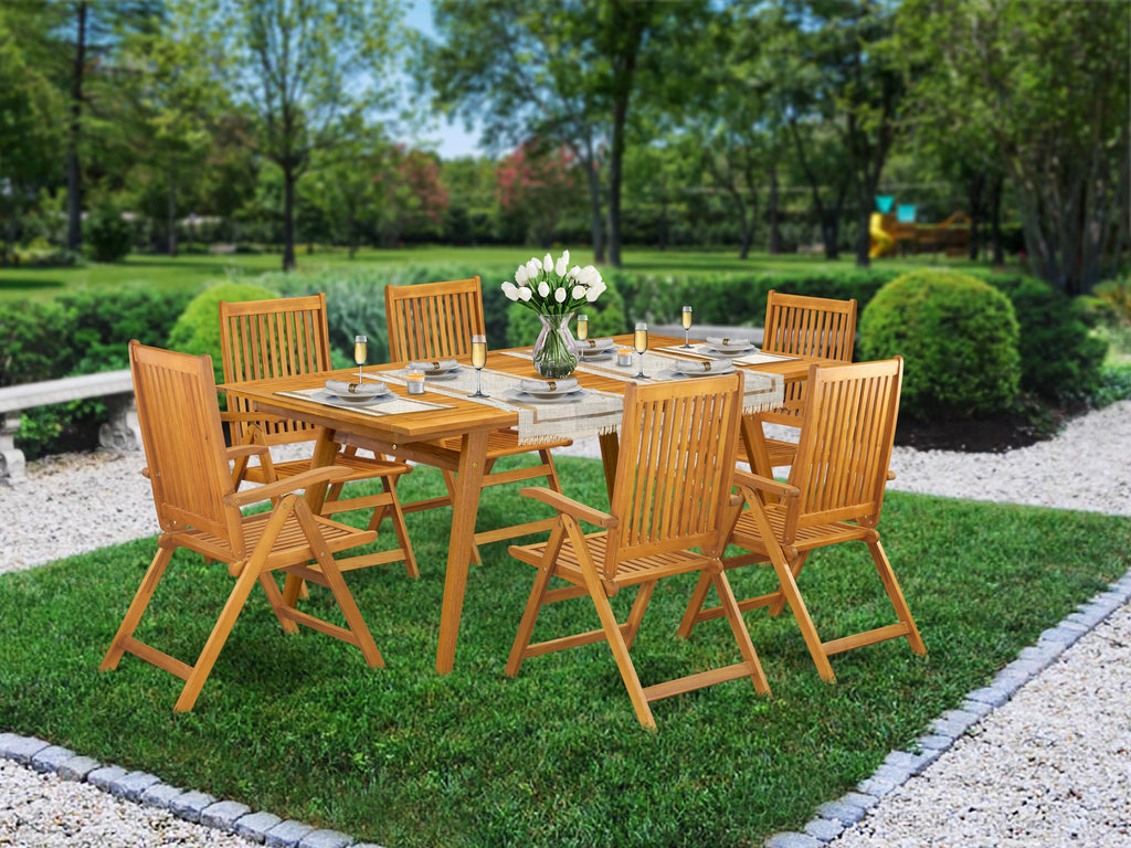 East West Furniture DECN7C5NA 7 Piece Patio Dining Set Consist of a Rectangle Outdoor Acacia Wood Table and 6 Folding Adjustable Arm Chairs