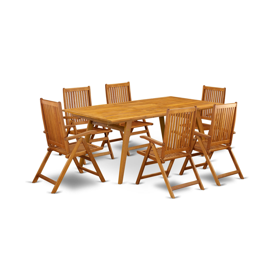 East West Furniture DECN7C5NA 7 Piece Patio Dining Set Consist of a Rectangle Outdoor Acacia Wood Table and 6 Folding Adjustable Arm Chairs