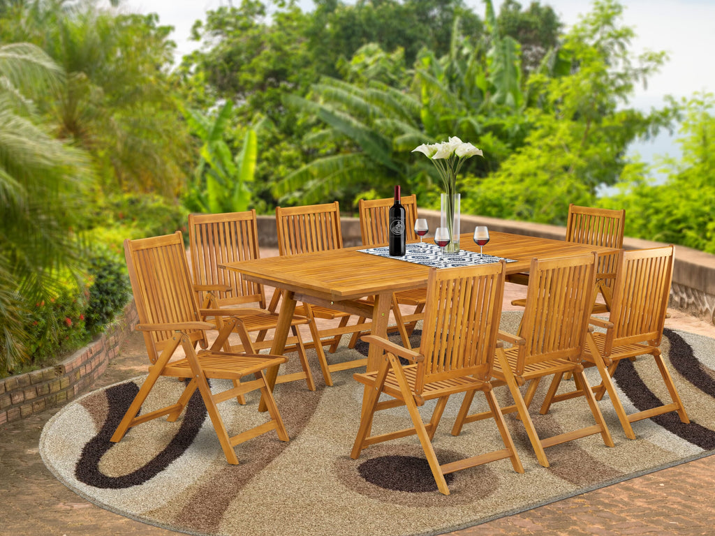 East West Furniture DECN9C5NA 9 Piece Outdoor Patio Dining Sets Includes a Rectangle Acacia Wood Table and 8 Folding Adjustable Arm Chairs