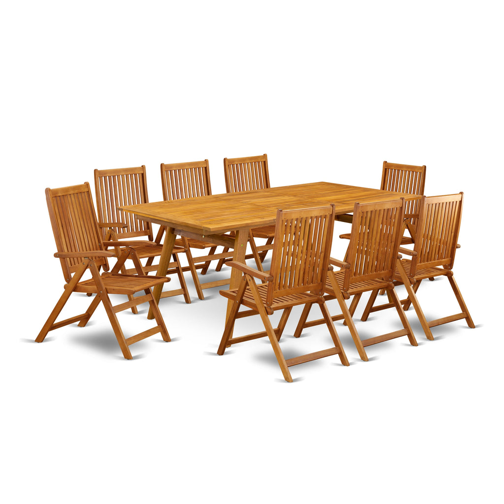 East West Furniture DECN9C5NA 9 Piece Outdoor Patio Dining Sets Includes a Rectangle Acacia Wood Table and 8 Folding Adjustable Arm Chairs