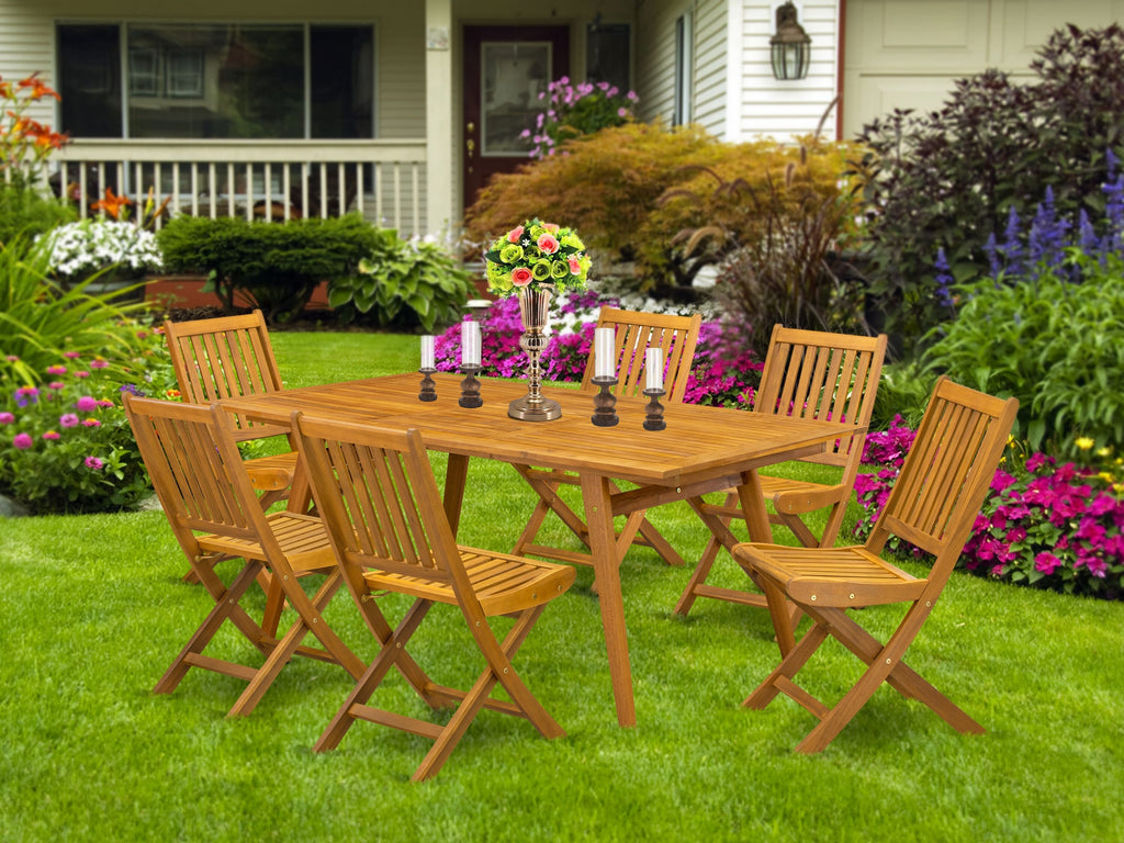 East West Furniture DEDK7CWNA 7 Piece Outdoor Patio Dining Sets Consist of a Rectangle Acacia Wood Table and 6 Folding Side Chairs