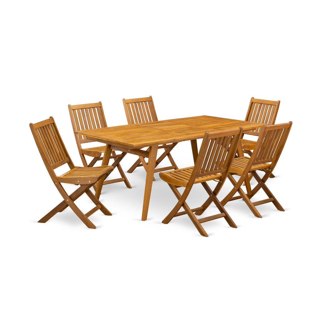 East West Furniture DEDK7CWNA 7 Piece Outdoor Patio Dining Sets Consist of a Rectangle Acacia Wood Table and 6 Folding Side Chairs
