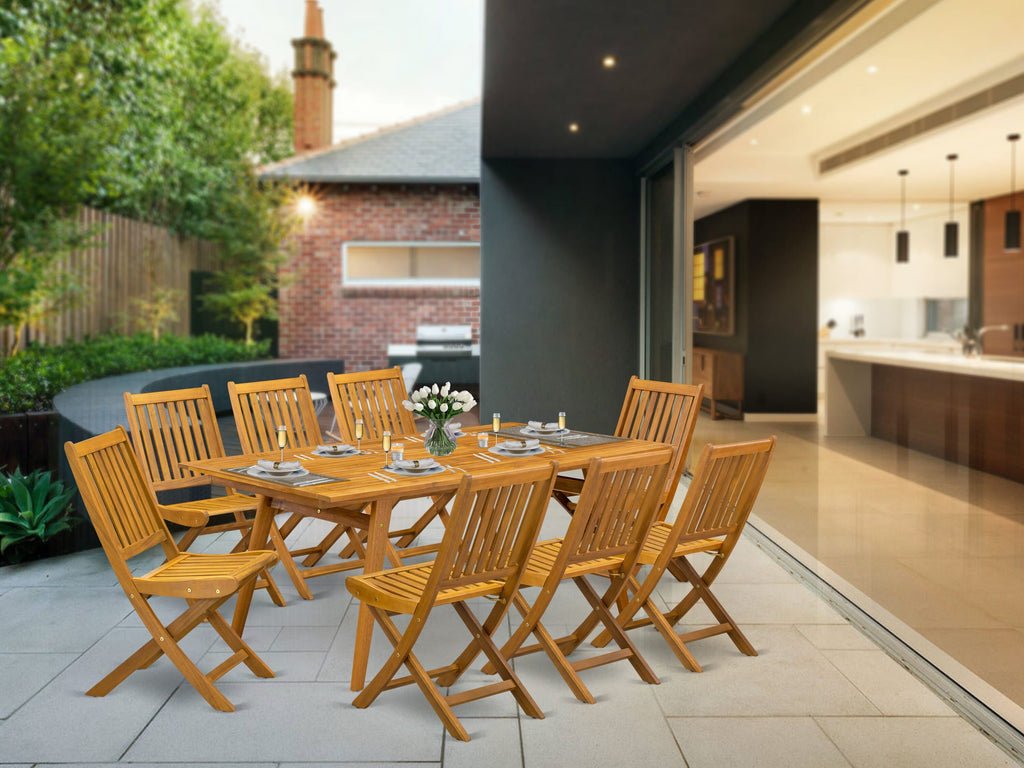 East West Furniture DEDK9CWNA 9 Piece Outdoor Patio Dining Sets Includes a Rectangle Acacia Wood Table and 8 Folding Side Chairs