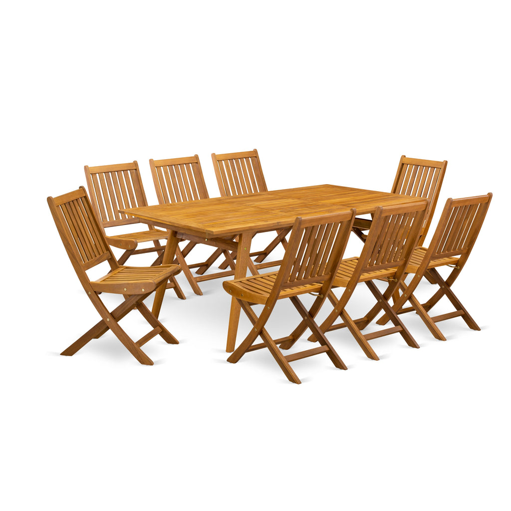 East West Furniture DEDK9CWNA 9 Piece Outdoor Patio Dining Sets Includes a Rectangle Acacia Wood Table and 8 Folding Side Chairs