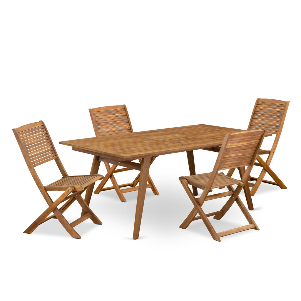 East West Furniture DEFM5CWNA 5 Piece Outdoor Patio Dining SetsIncludes a Rectangle Acacia wood Table and 4 Folding Side Chairs, 40x72 Inch, Natural Oil