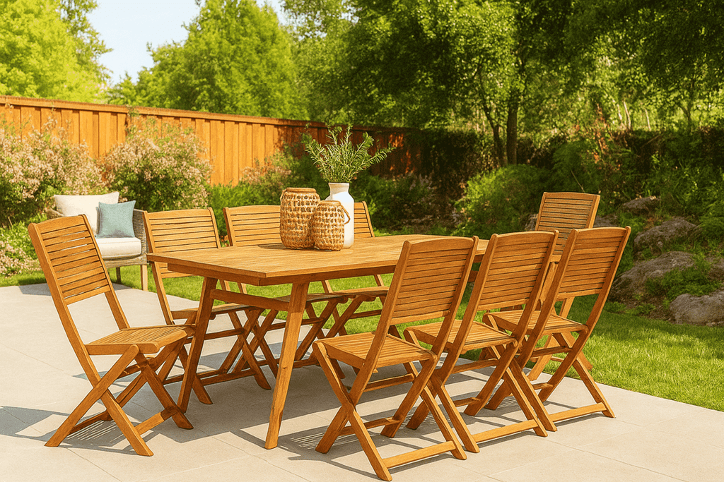 East West Furniture DEFM9CWNA 9 Piece Patio Garden Table Set Includes a Rectangle Outdoor Acacia wood Dining Table and 8 Folding Side Chairs, 40x72 Inch, Natural Oil