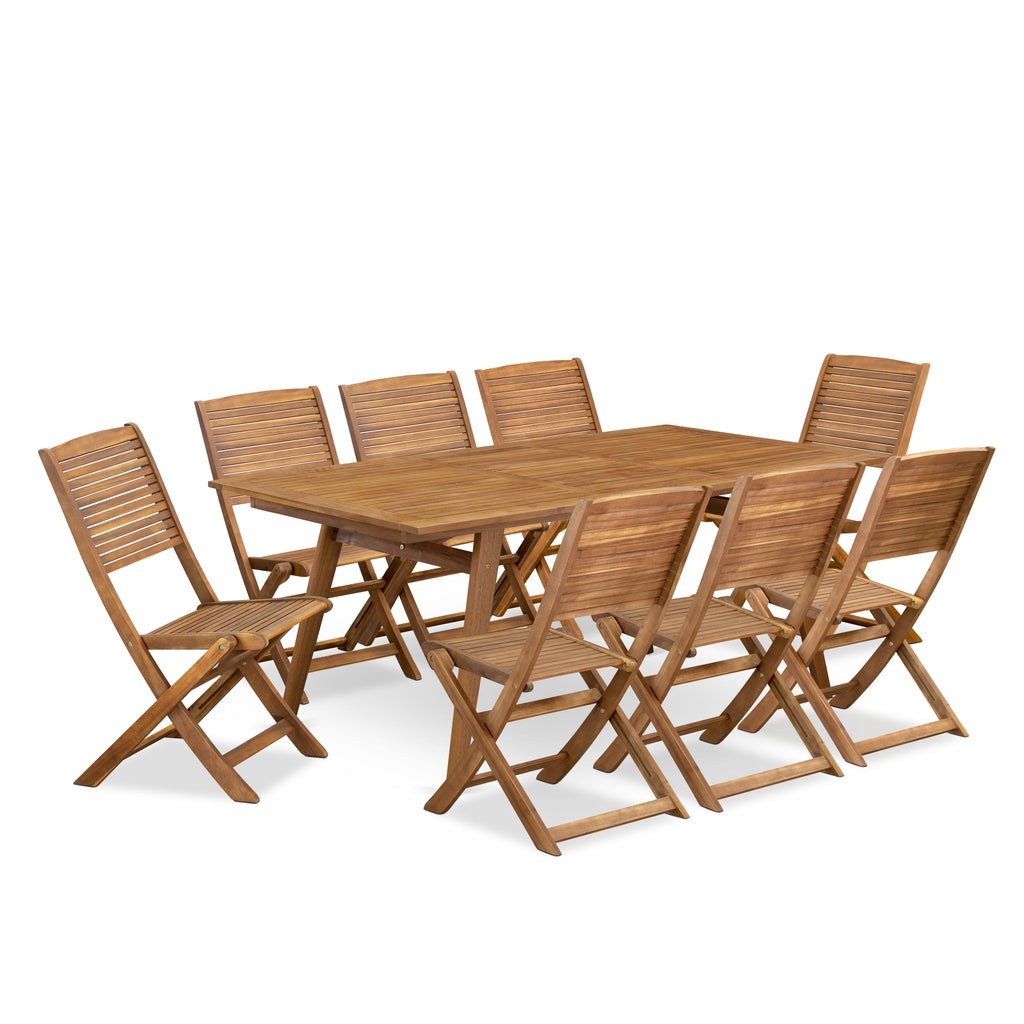 East West Furniture DEFM9CWNA 9 Piece Patio Garden Table Set Includes a Rectangle Outdoor Acacia wood Dining Table and 8 Folding Side Chairs, 40x72 Inch, Natural Oil