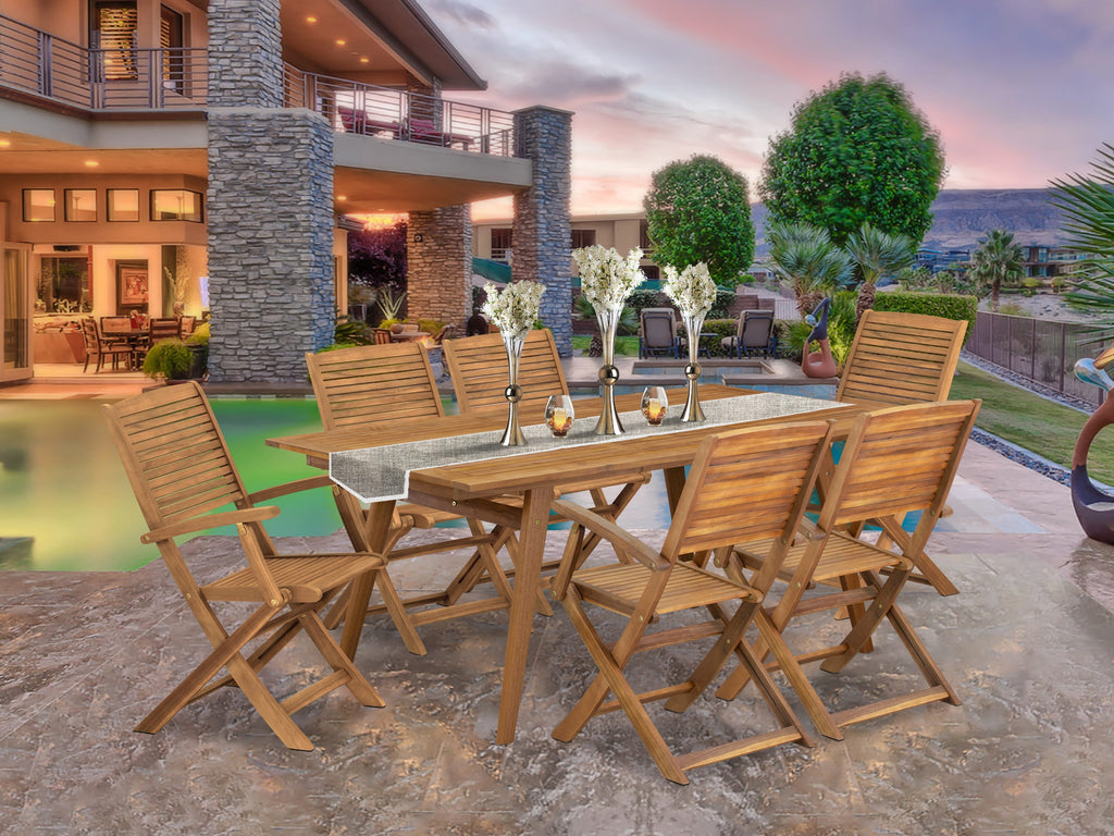East West Furniture DEHD7CANA 7 Piece Patio Dining Set Includes a Rectangle Outdoor Acacia wood Table and 6 Folding Arm Chairs, 40x72 Inch, Natural Oil