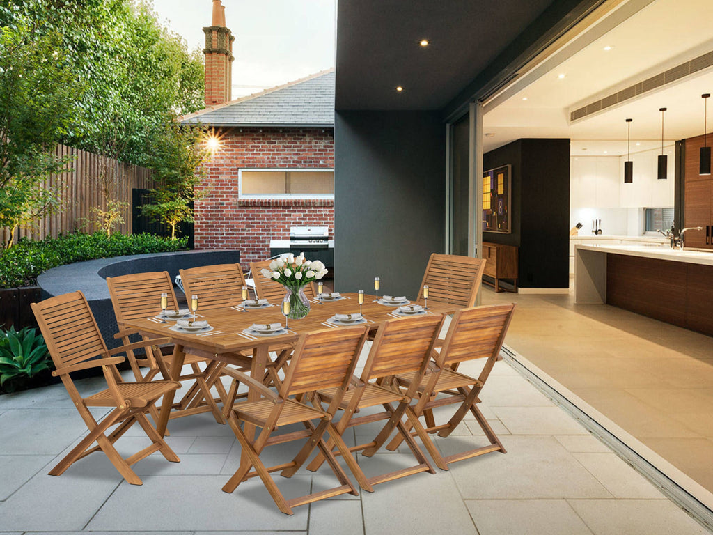 East West Furniture DEHD9CANA 9 Piece Outdoor Patio Dining Sets Contains a Rectangle Acacia wood Table and 8 Folding Arm Chairs, 40x72 Inch, Natural Oil
