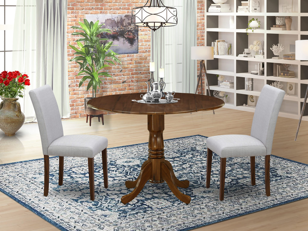 East West Furniture DLAB3-AWA-05 3 Piece Dining Table Set for Small SpacesIncludes a Round Dining Room Table with Dropleaf and 2 Upholstered Chairs, 42x42 Inch, Antique Walnut